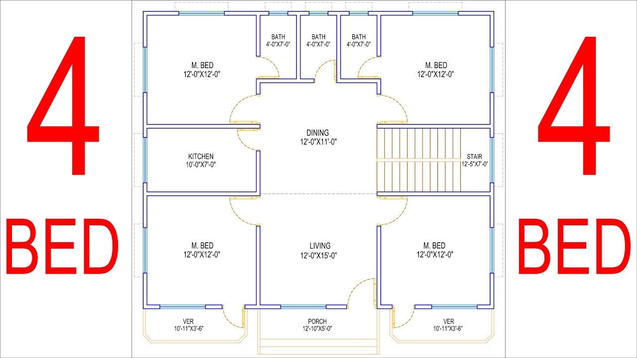 HOUSE PLAN DESIGN | EP 211 | 1200 SQUARE FEET 4 BEDROOMS HOUSE PLAN ...