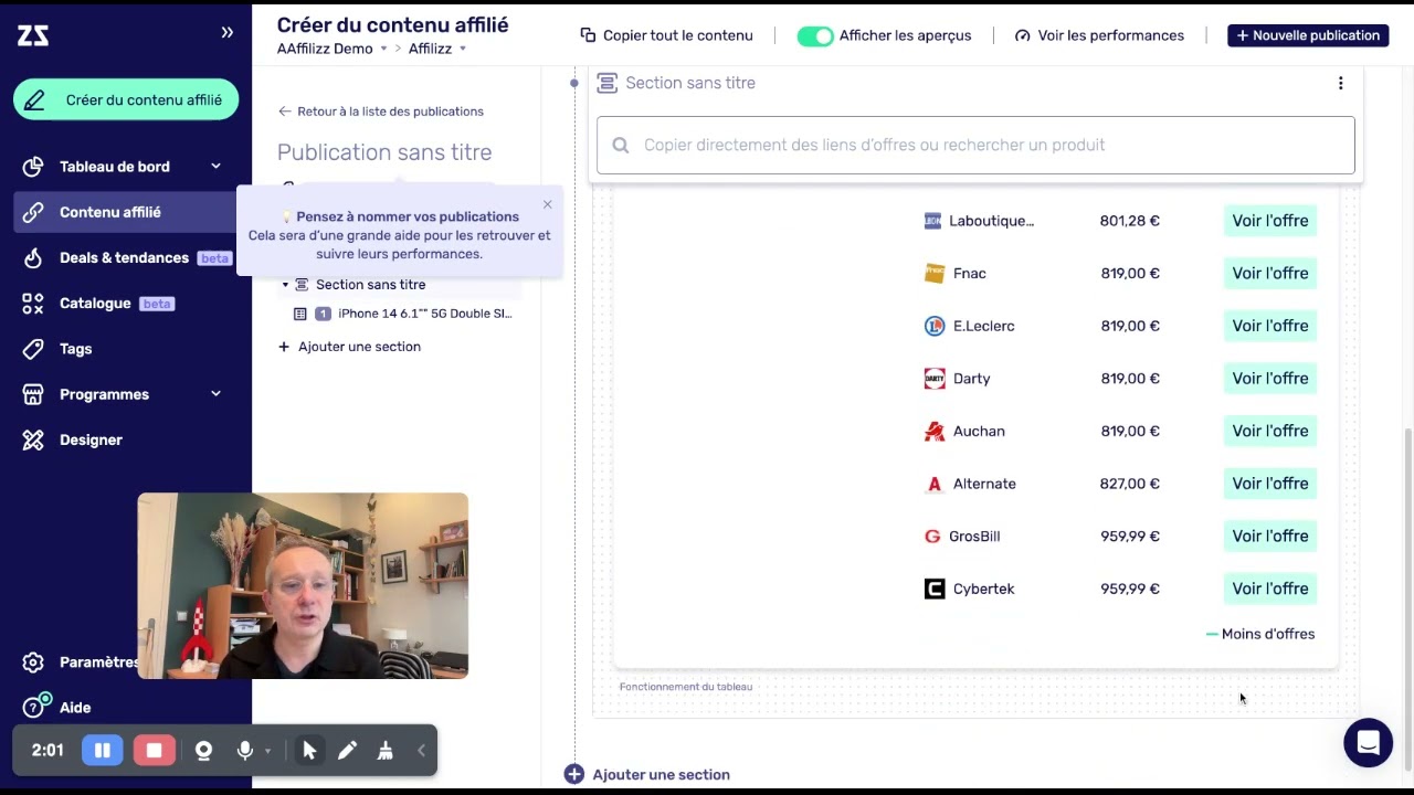 Le B-A BA d'Affilizz : créer un tableau de prix complet, automatiquement, en 5 secondes