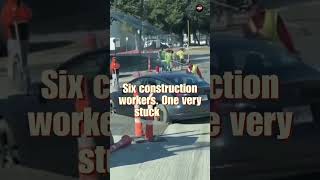 Driver Cuts Through Work Zone — Tesla Gets STUCK in Fresh Concrete