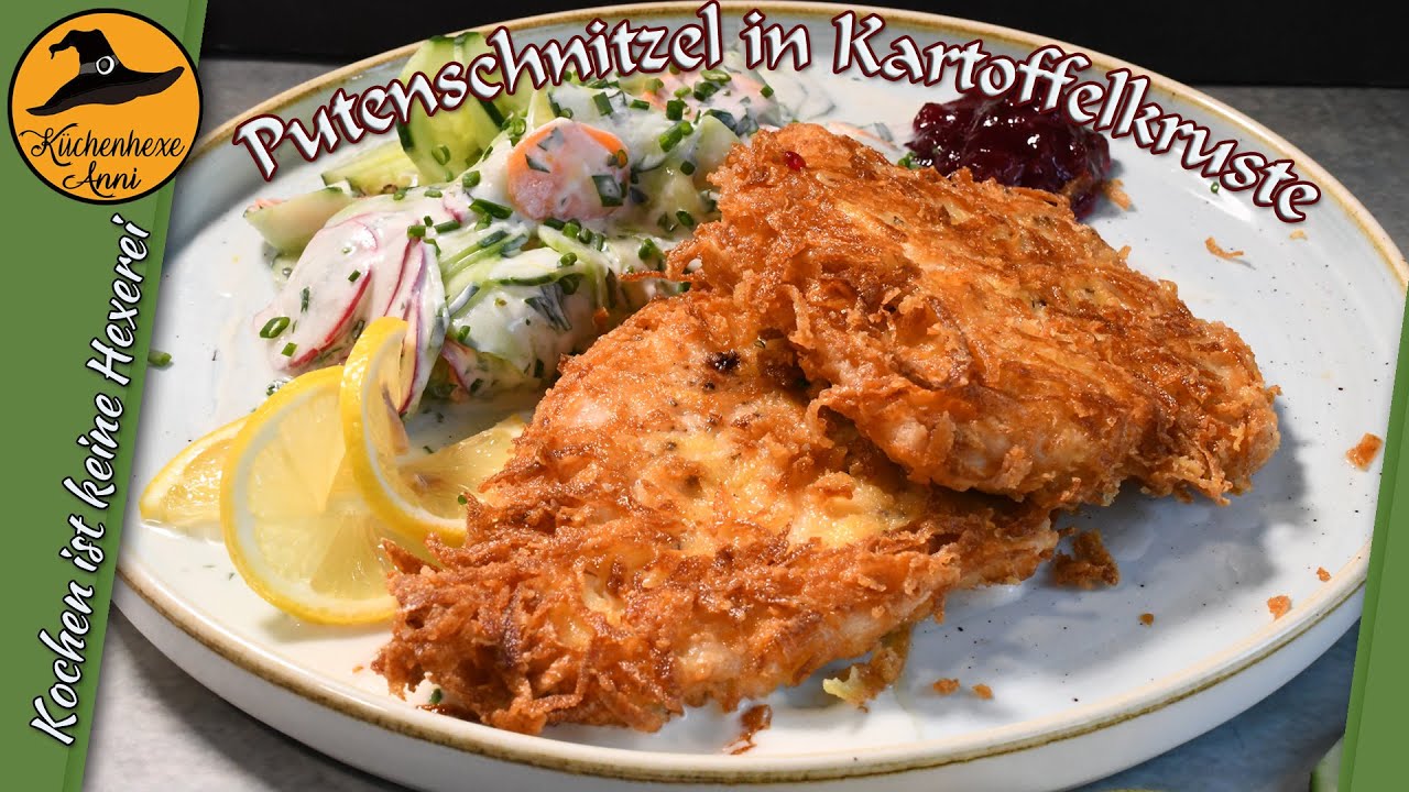 Knuspriges Putenschnitzel in der Kartoffelkruste  mit cremigem Gurkensalat