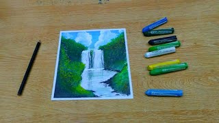 Beautiful Waterfall Scenery Drawing With Oil Pastels For Beginners // Easy Waterfall Scenery Drawing