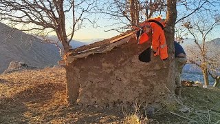 Building a beautiful hut among four oak trees # Survival camp in nature