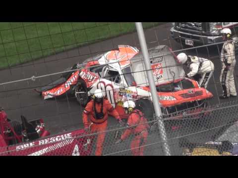 (9-27-09) This is a home video that I took from my seat in between turns 3 and 4 of Joey Logano's horrific crash in the AAA 400 at Dover. I was trying to record the battle for the lead on lap 31 and ended up catching the 2nd half of the worst crash in 2009! After slamming the wall and then flipping 8 times Joey was amazingly dazed but uninjured.