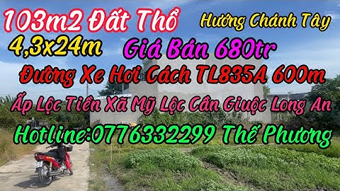 Bán 103m2 (4,3x24m) Đất Thổ Sổ Hồng Riêng Đường Xe Hơi giá 680tr Ấp Lộc Tiền Xã Mỹ Lộc Cần Giuộc