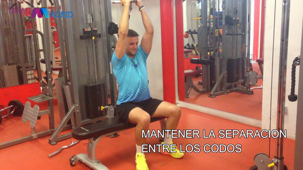 Tr361 Extensión alta polea baja sentado barra V agarre supino (Tríceps