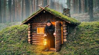 Building a Bushcraft Shelter with a Fireplace | Survival Log Cabin | Solo Camping | Dugout