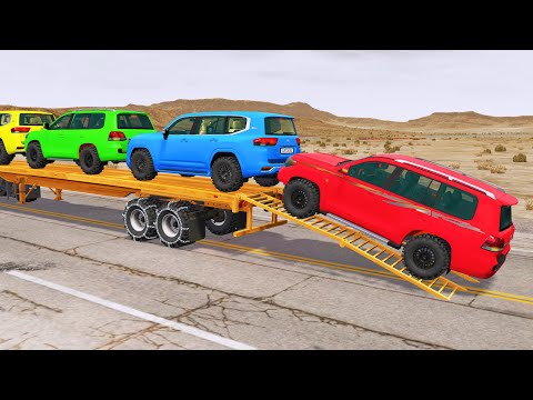 Flatbed Trailer Toyota LC Cars Transportation with Truck - Pothole vs Car #260 - BeamNG.Drive