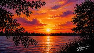 Golden Sunset Lake | Beautiful Nature Acrylic Painting | Relaxing Landscape Art