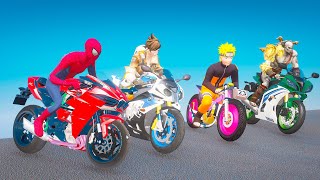 Hombre Araña y Amigos en Motos Montan una Mega Rampa desde un Edificio Alto GTA 5 Mods