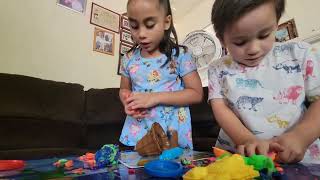 kids playing cra z art soft dough Dinosaur Volcano Lava