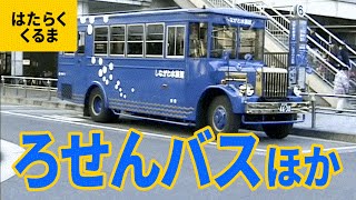 バス（2）いろいろなバス：路線バス／スロープのあるバス／連節バス／ハイウェイバス／観光バス／2階建てバス／はとバス／ジャングルバス／幼稚園バス