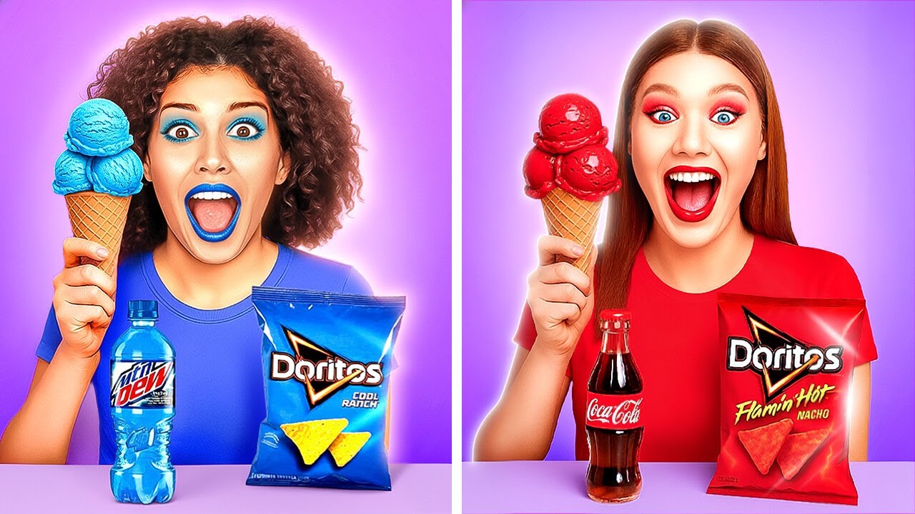 Tantangan Makanan Merah vs Makanan Biru 🍎🔵 24 Jam Hanya Makan Makanan Merah vs Biru