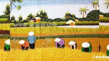 TRANH THÊU TAY ĐỒNG QUÊ MÙA GẶT LÚA CHÍN - Tranh Thêu Phong Cảnh Làng Quê Việt Nam