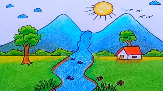 How to draw beautiful scenery drawing || scenery drawing with oil pastels#art @drawingallbara9771