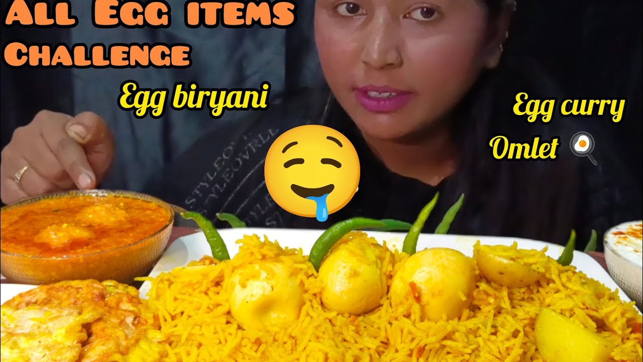 Mukbang All Eggs items in spicy Egg briyani//spicy egg curry//omlet 🍳//onion raita #deliciousfood