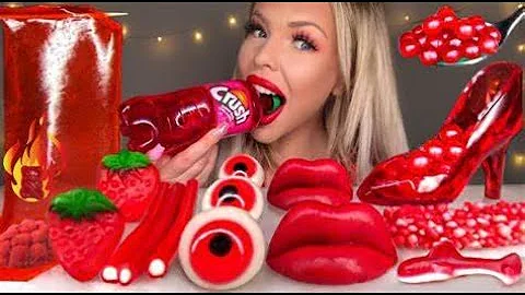 ASMR *RED FOOD* CINDERELLA GLASS SLIPPER, SODA BOTTLE, LIL NITRO GUMMY BEAR SOUR CHERRIES