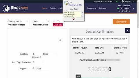 REAL ACCOUNT +$1500 USD Automated Trading Binary.com Volatility (Digits Differs) 4 June 2019