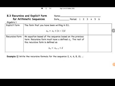 algebra I unit 8.3 recursive and explicit form for arithmetic Sequences