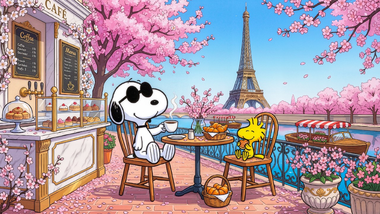 Весенний утренний кофе со Снупи 🌸 Нежный джаз для расслабления и умиротворяющих парижских моменто...