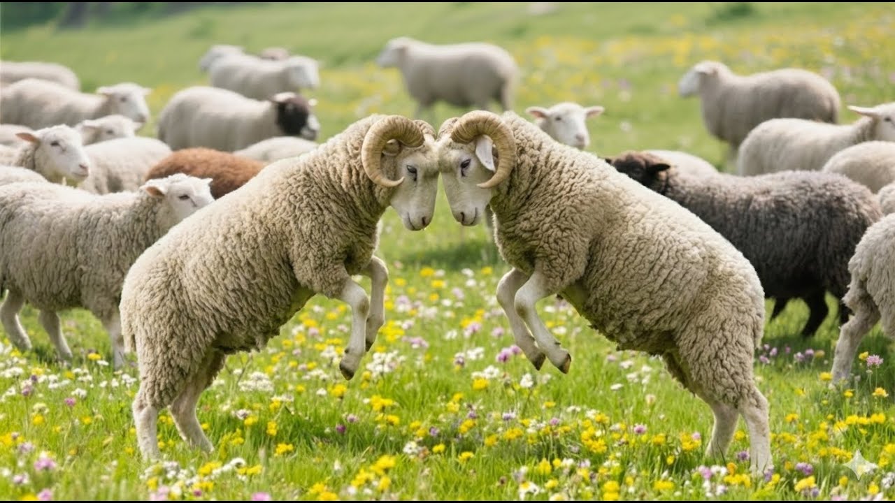 Moments of powerful sheep fighting on the grass field - Sheep sounds - Videos of sheep and goats