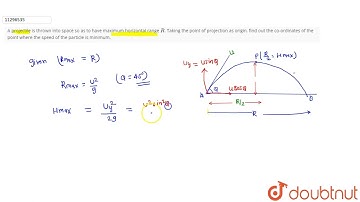 A projectile is thrown into space so as to have maximum horizontal range R. Taking the point of ...