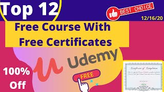 Top 12 Udemy Free Course With Free Certificate | Udemy 100% Off  | Udemy Free Coupon