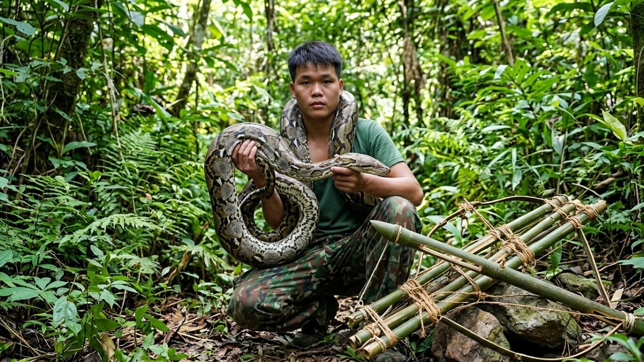 Wild Survival Alone | Making Bamboo Traps, Catching Furry Animals & Facing Giant Pythons