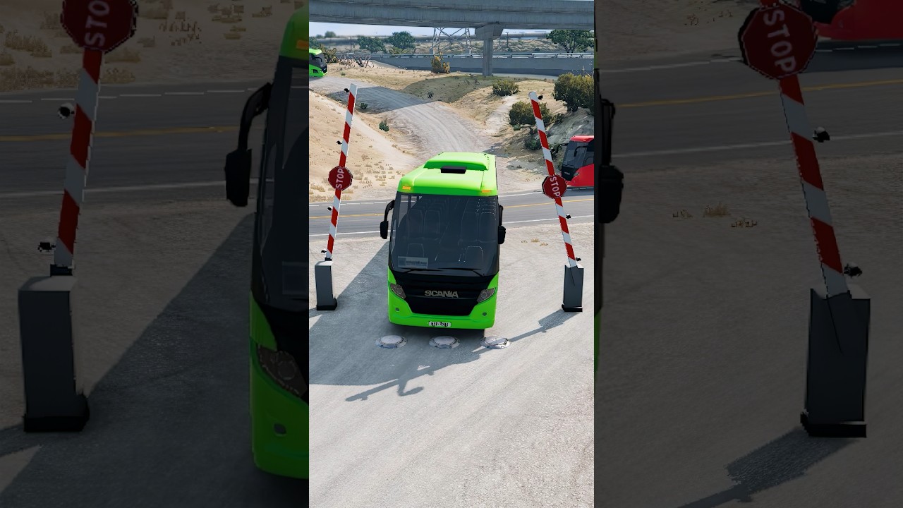 Red and Green Buses Bollards Barrier Crush 