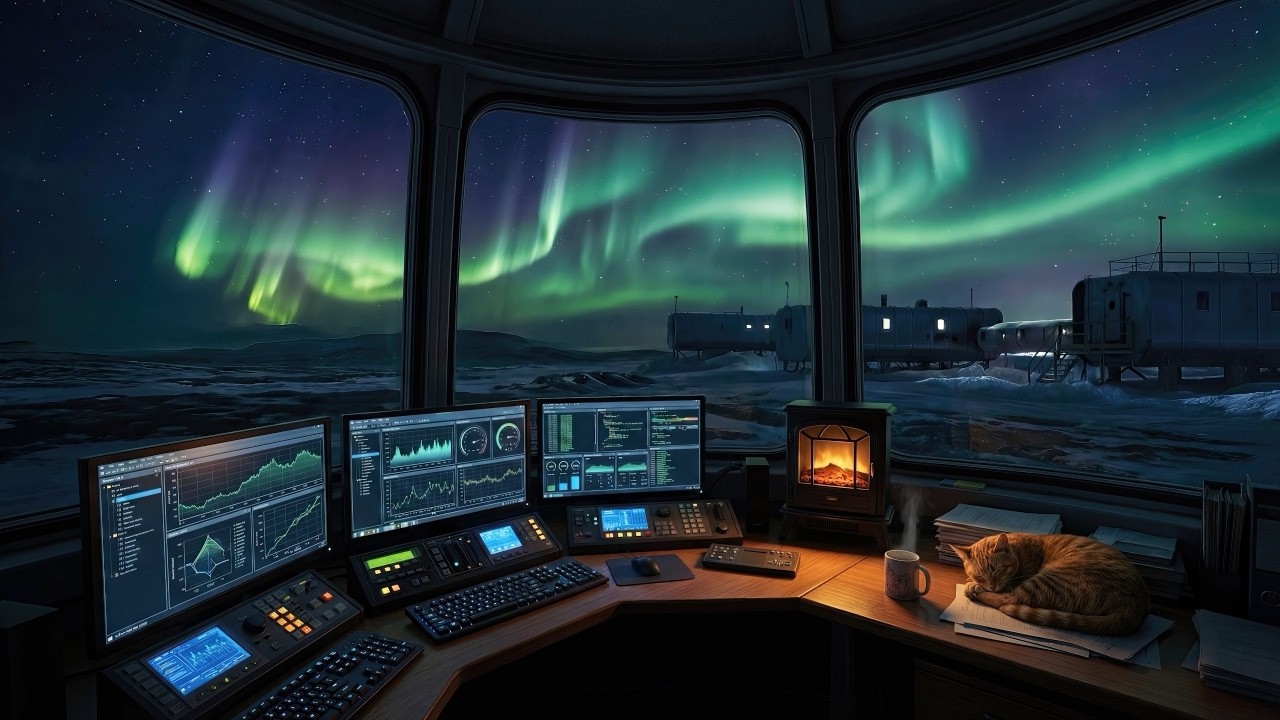 Aurora Night at the Arctic Station | Fireplace & Wind Sounds for Work & Focus