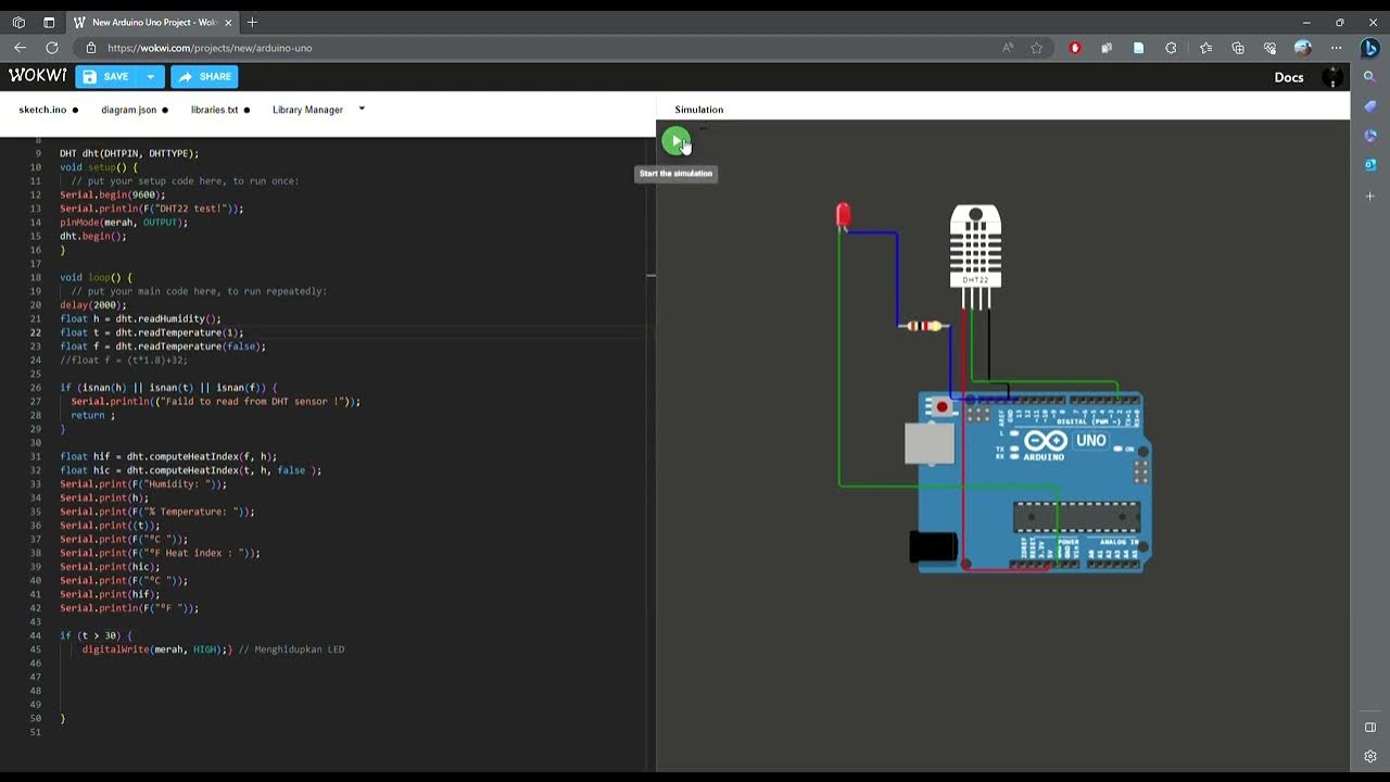 New Arduino Uno Project Wokwi Simulator (DHT22) diatas 30 cel led ...