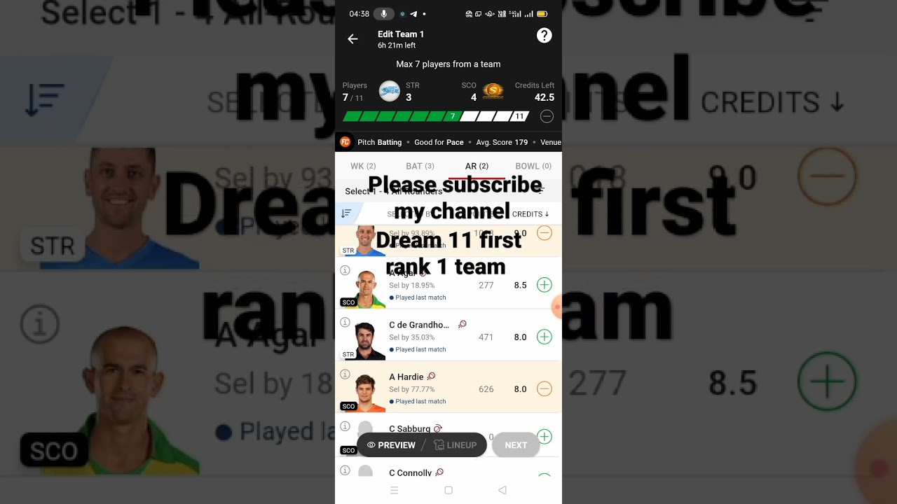 STR vs SCO Dream 11 first rank 1 team Grand legeage team