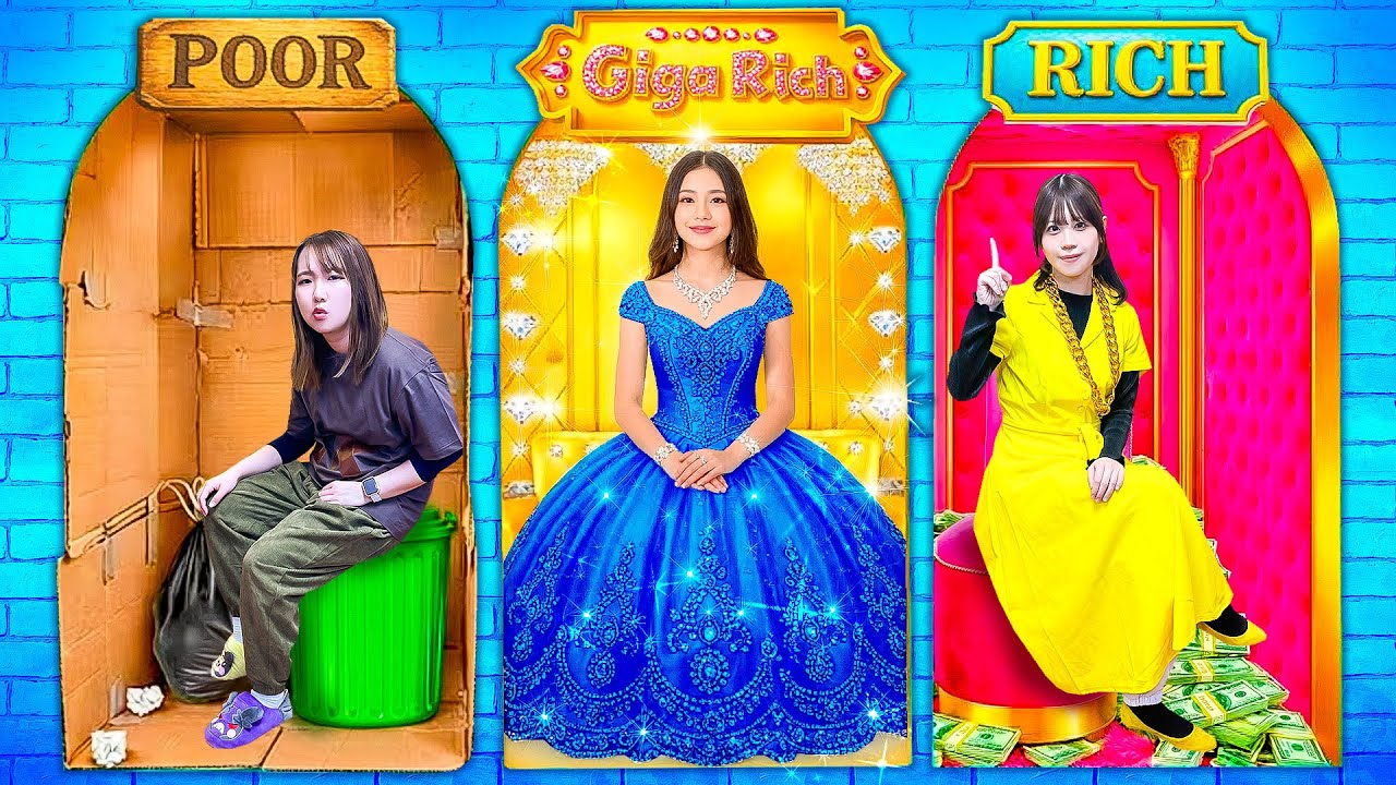 メガお金持ちvsお金持ちvsそうではないプリンセス！？かわいいドレスをゲットして憧れのお姫様になりたい！お絵描きや9マス鬼ごっこでガチ対決！【チャレンジ】