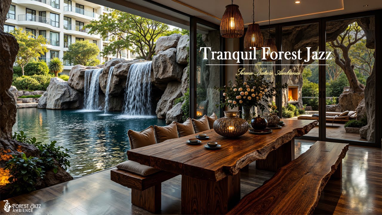 Джаз В Тихой Лесной Столовой | Мягкая Джазовая Музыка И Атмосфера Водопада Для Полного Снятия Стр...