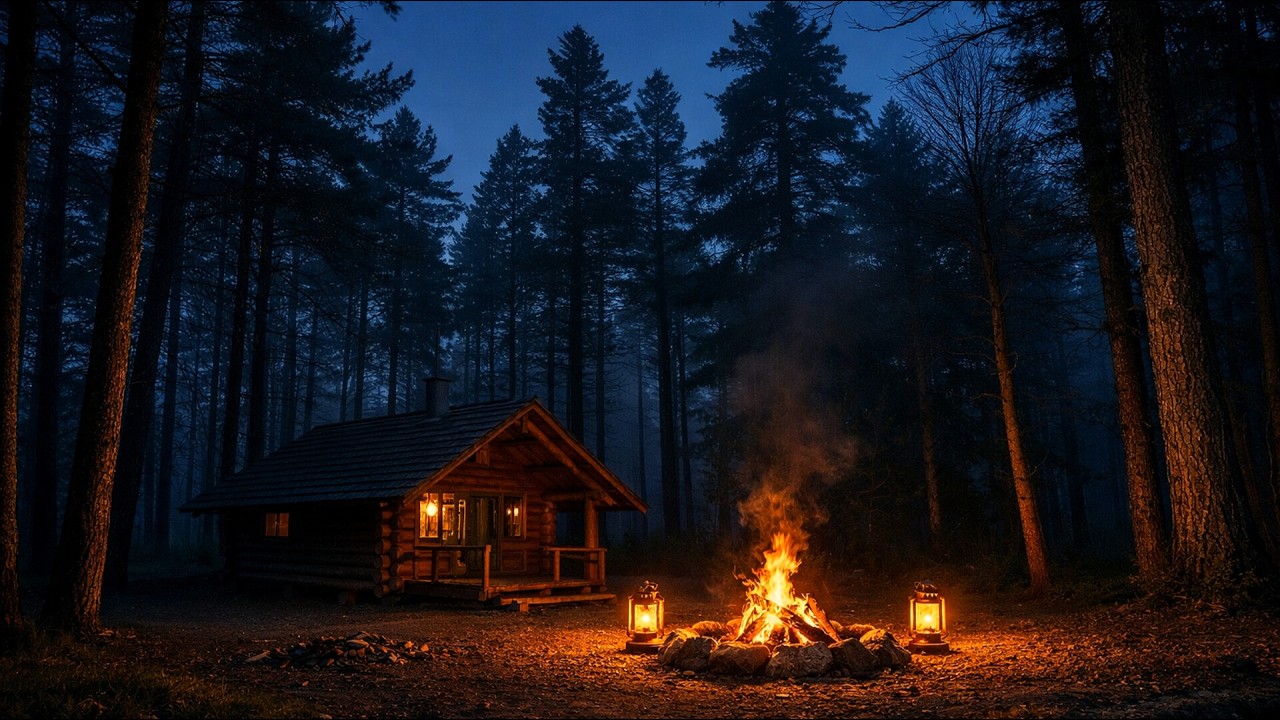 Deep Sleep Forest Cabin CAMPFIRE with Swamp , Trees, Stress Relief, Fire, Meditation - ASMR