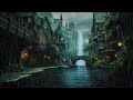 Peaceful rain with waterfall and thunder  river path in medieval castle