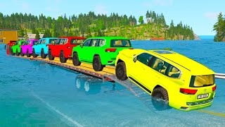 Download Lagu Triple Flatbed Trailer McQueen Transportation with Truck - Speedbumps vs Cars vs Train - BeamNG #53 MP3