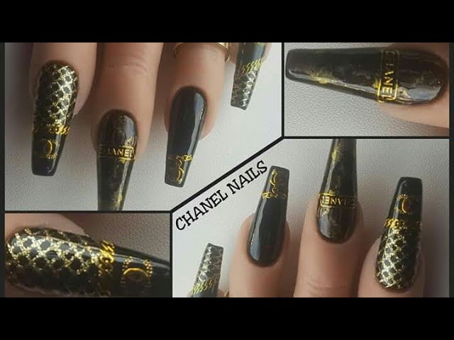 Designer nails. Sculpted fiber gel black & gold nails.Chanel designer logo  nails. Coco chanel 