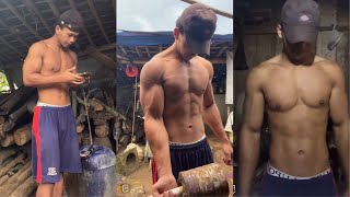 Kuli kekar latihan otot dirumah sambil hujan-hujanan