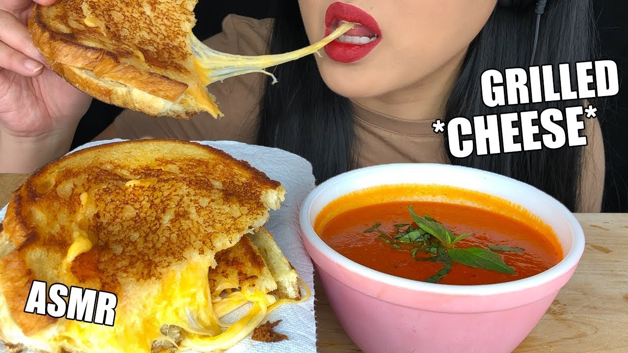 ASMR GRILLED CHEESE SANDWICH & TOMATO SOUP (Eating Sounds) *Soup Slurping* Cheese Pull | ASMR Phan