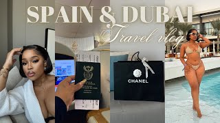 SPAIN & DUBAI TRAVEL VLOG: Flying first class experience || shopping || skin care & makeup