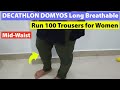 DECATHLON DOMYOS Long Breathable, Mid-Waist Run 100 Trousers for Women - Khaki Green