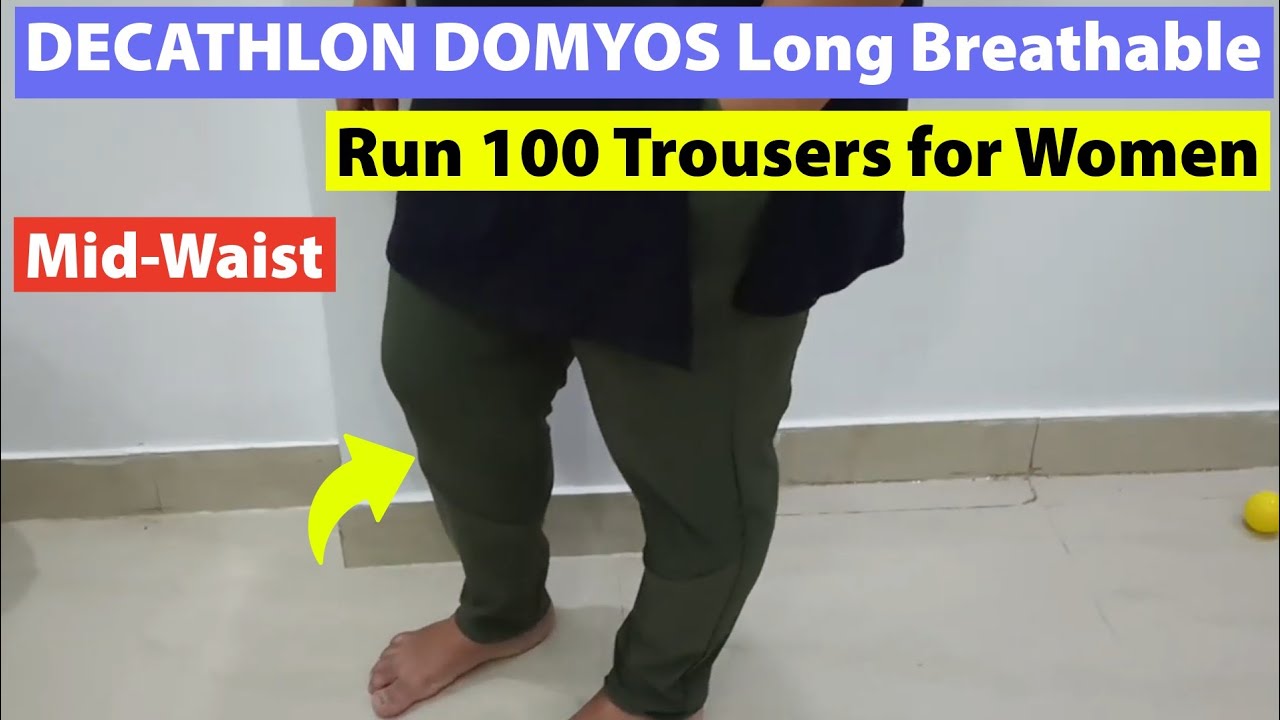 Женские длинные дышащие брюки DECATHLON DOMYOS средней посадки, модель Run 100, цвет хаки.