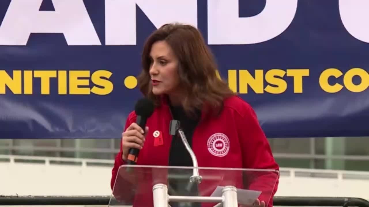 Michigan Gov. Gretchen Whitmer speaks at UAW rally on first day of ...