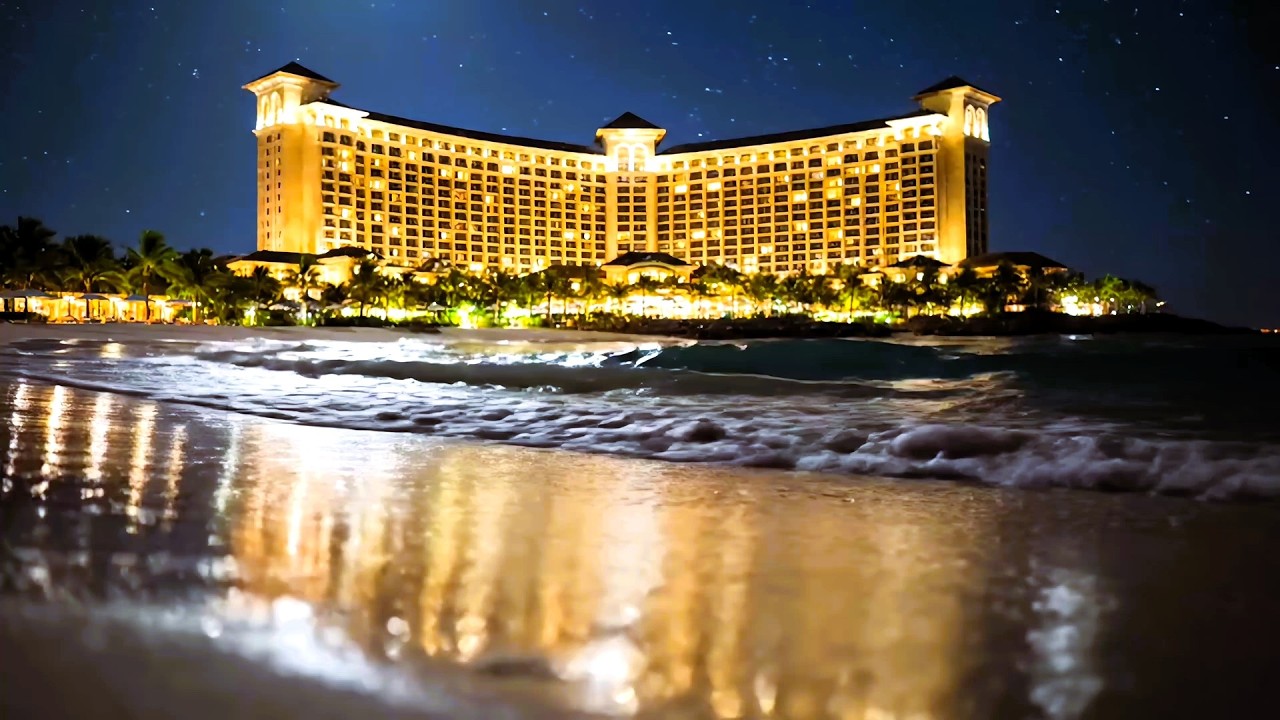 Luxury Beach Resort at Night | Calm Piano & Ocean Waves 4K