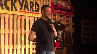 Italian comedian francesco de carlo performing stand up in english at
the backyard comedy club bethnal green, london