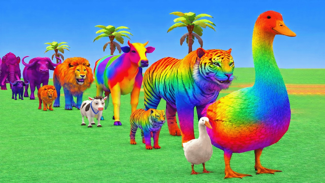 Long Slide Game With Cow Elephant Gorilla Hippopotamus Tiger - 3d Animal Game - Funny 3d Animals