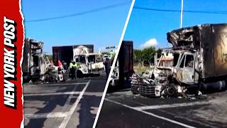 Burnt Trucks BLOCK ROAD In Mexico As Wave Of Cartel Violence Erupts