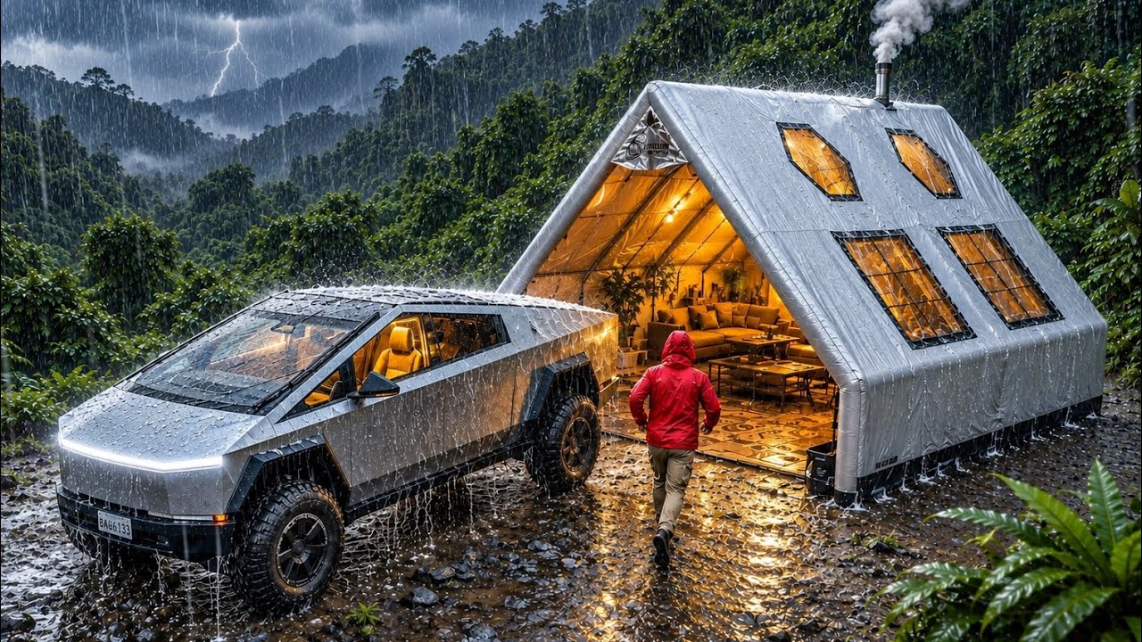 ⁣LUXURY CAMPING IN HEAVY RAIN ⛈️ COZY INFLATABLE TENT WITH TESLA CYBERTRUCK