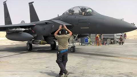 USAF F-15E Strike Eagles launching for bombing mission