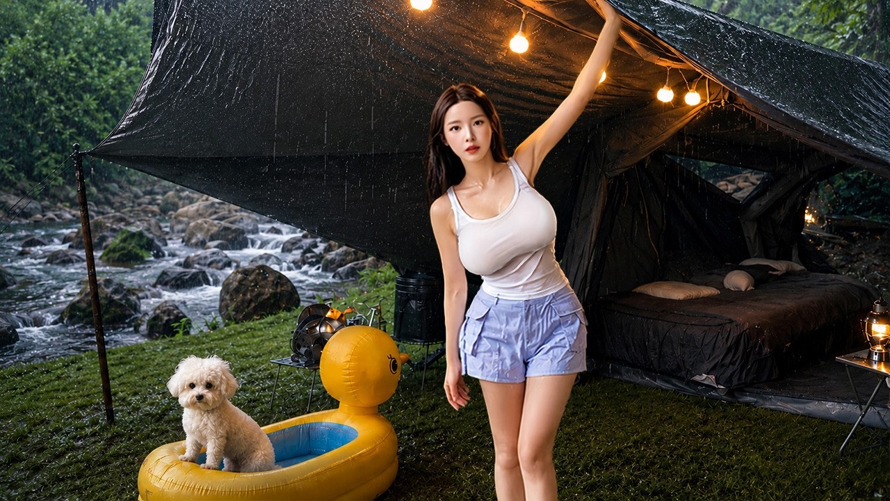 ⁣☔Camping in Sudden Rain with My Dog💦 Swimming in the Valley | Nature ASMR